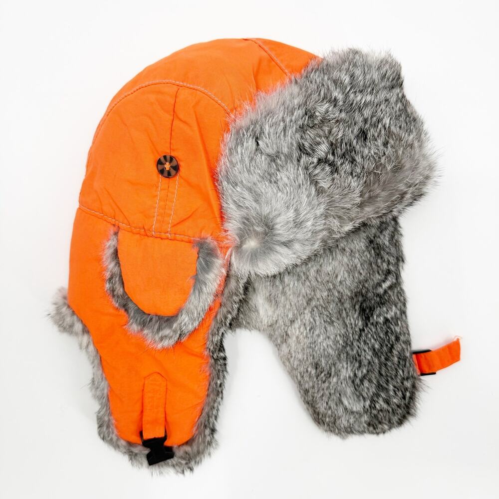 Mad Bomber Hat SZ Small Rabbit Fur Trapper Blaze Orange Gray Aviator Winter Hunt